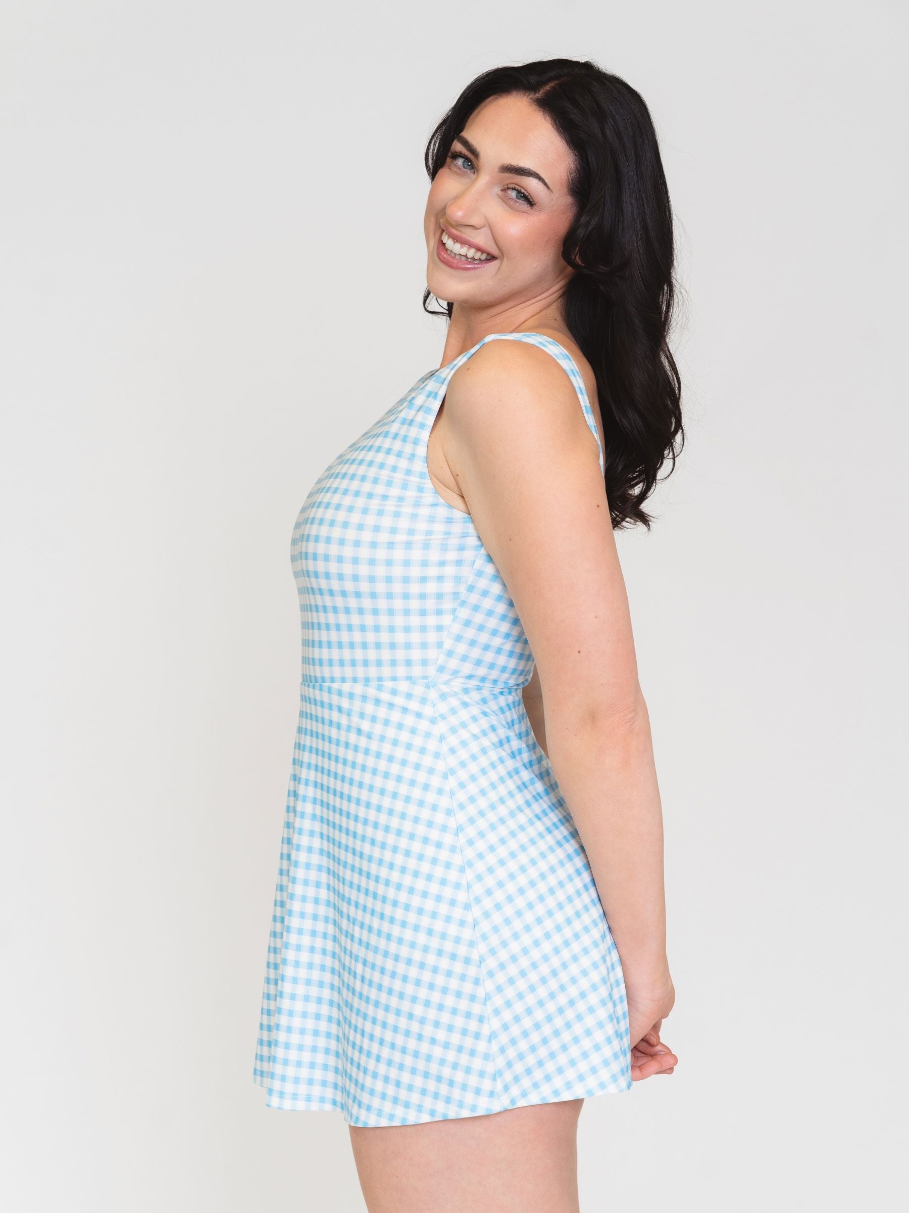 Sky Gingham Boat-Neck Swim Dress