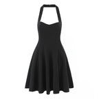 Summer Hepburn Gold Elegant Little Black Dress Women Waist Trimming Lace up Sexy Halter Dress