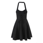 Summer Hepburn Gold Elegant Little Black Dress Women Waist Trimming Lace up Sexy Halter Dress