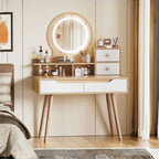 Elegant Makeup Vanity Desk With Adjustable Lighted Mirror Table Feet - American White Oak