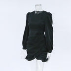 French Pleated Long Sleeved Little Black Dress – Elegant and Trendy Dress for Women