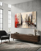 Red Accent City Street Figures Glass Wall Art