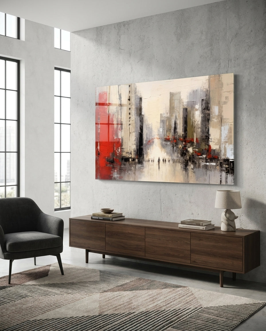 Red Accent City Street Figures Glass Wall Art