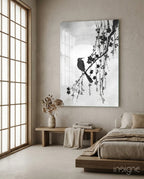 Black and White Bird on Blossom Branch Glass Wall Art