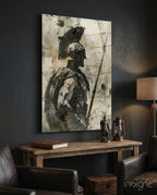 Sepia Spartan With Spear Glass Wall Art