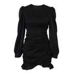 French Pleated Long Sleeved Little Black Dress – Elegant and Trendy Dress for Women