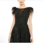 Mac Duggal 20400 Feather Shoulder Sequin Embellished Midi Dress Black Size 8