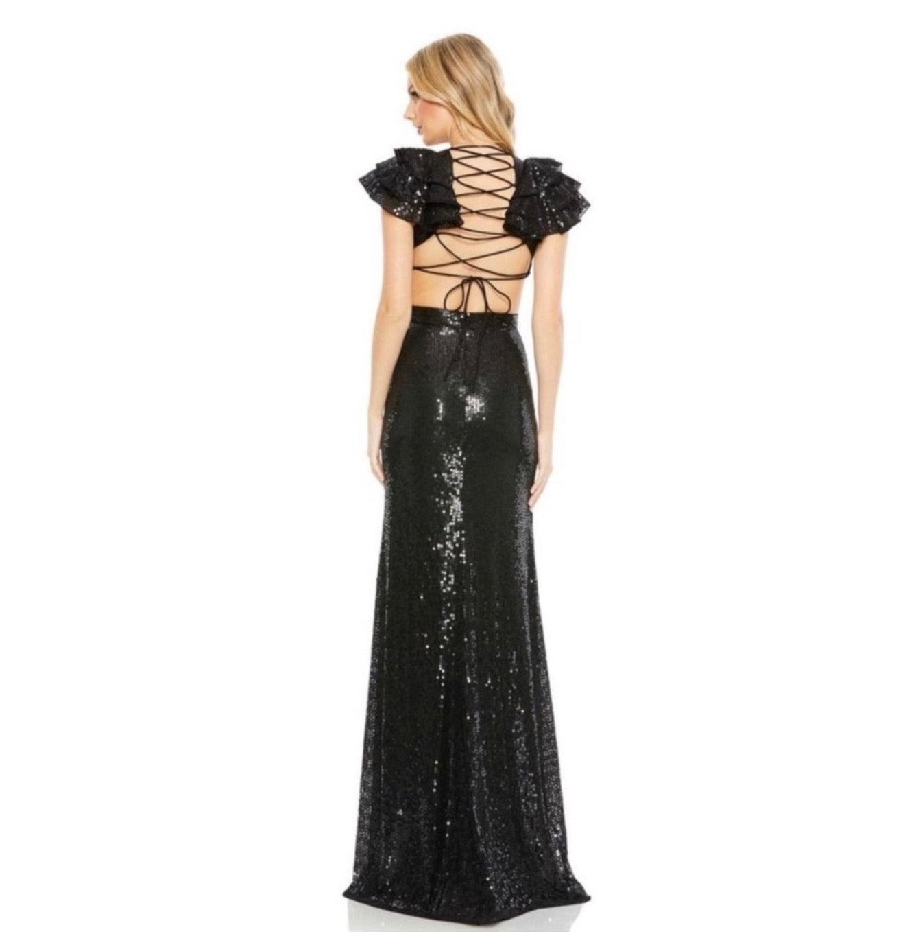 MAC DUGGAL 10829 Black Sequin Ruffled Cut Out Lace Up Gown sz 4 $598