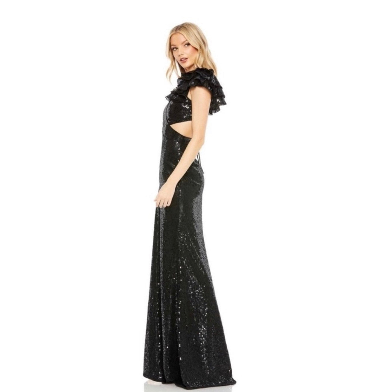 MAC DUGGAL 10829 Black Sequin Ruffled Cut Out Lace Up Gown sz 4 $598