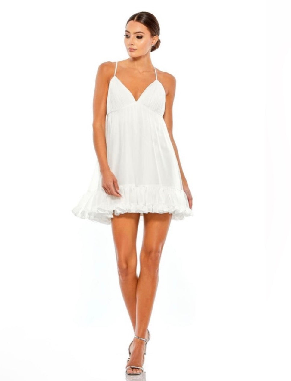 Ieena Mac Duggal 70194 Ruffle V-Neck CrissCross Mini Dress in White $238