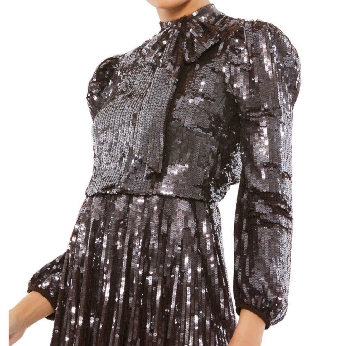Mac Duggal 93642 Dark Chocolate Sequin Long Sleeve Tea Length Dress Size 12 NWT $598