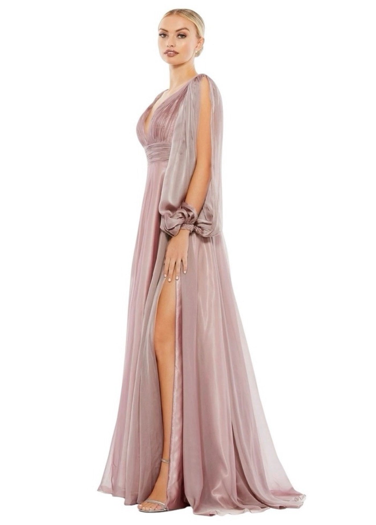 Mac Duggal Chiffon Open Sleeve A Line Gown Style 67414 Mocha Pink Size 14 $598