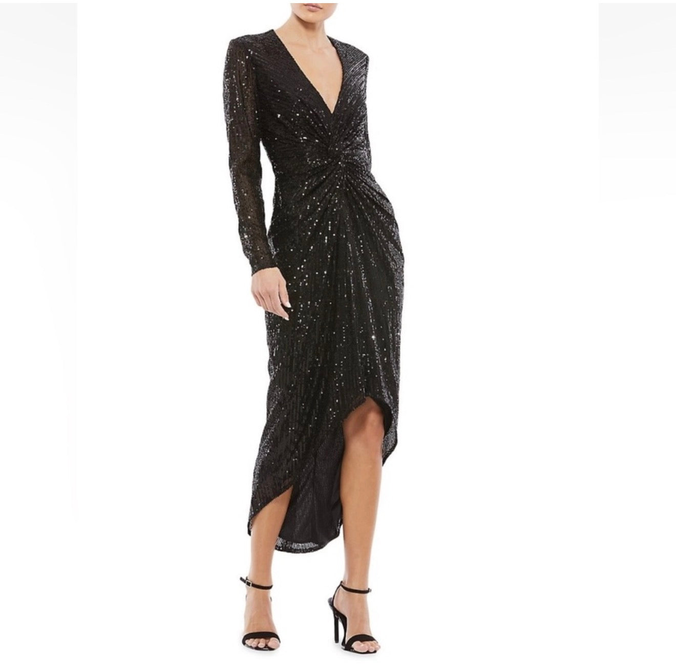 Mac Duggal 26549 Sequined High Low Front Twist Midi Dress Black
