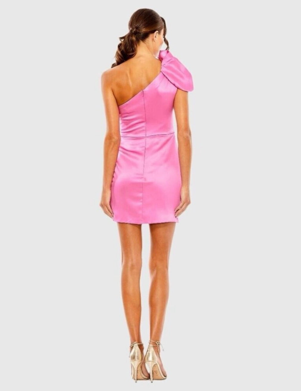 Mac Duggal Style 55971 Pink One-Shoulder Puff Sleeve Ruched Satin Mini Dress – Size 4 $398