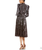 Mac Duggal 93642 Dark Chocolate Sequin Long Sleeve Tea Length Dress Size 12 NWT $598