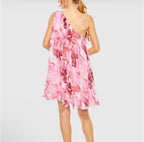 Mac Duggal 55875 Pink Floral One-Shoulder Mini Dress Sz 10 $398
