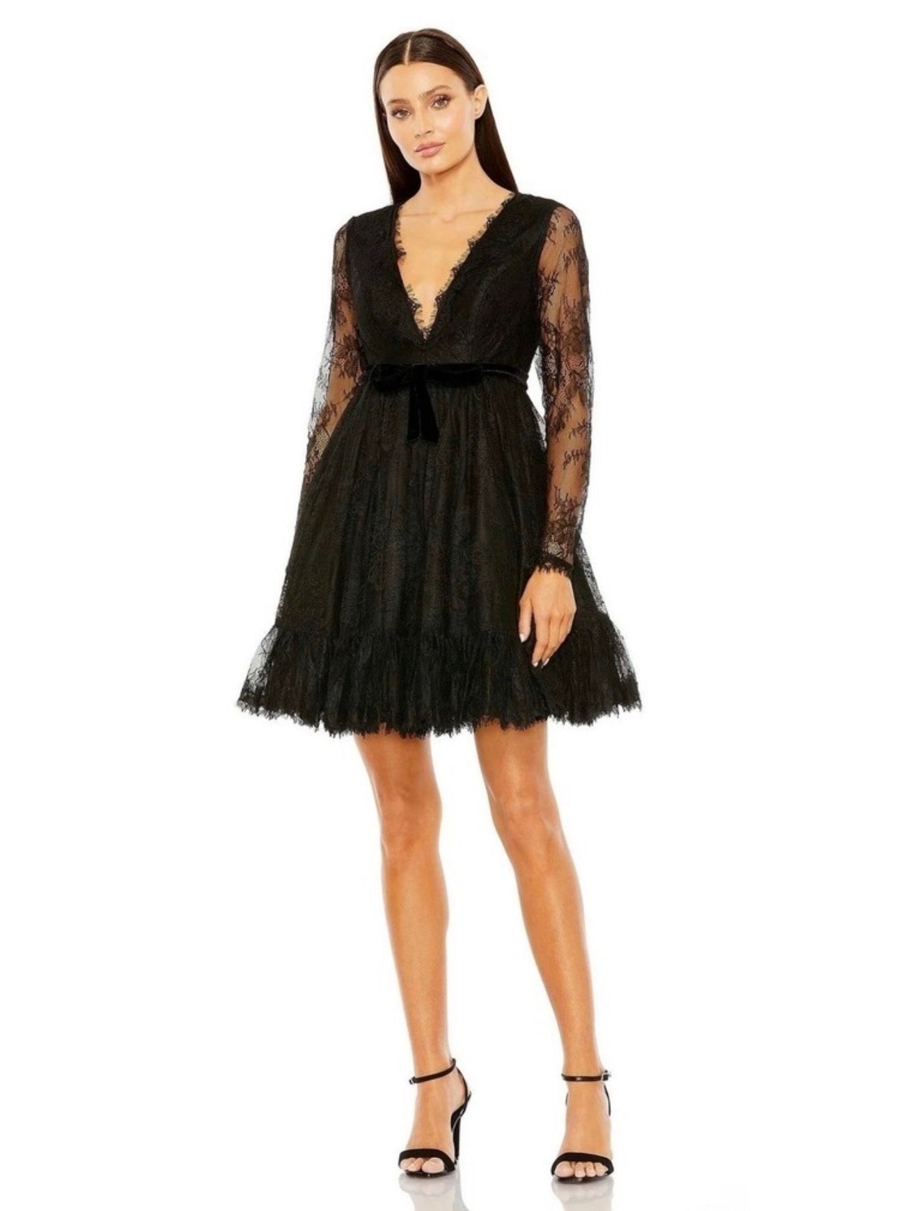 Mac Duggal 49794 Black Lace Long Sleeve Mini Dress $458