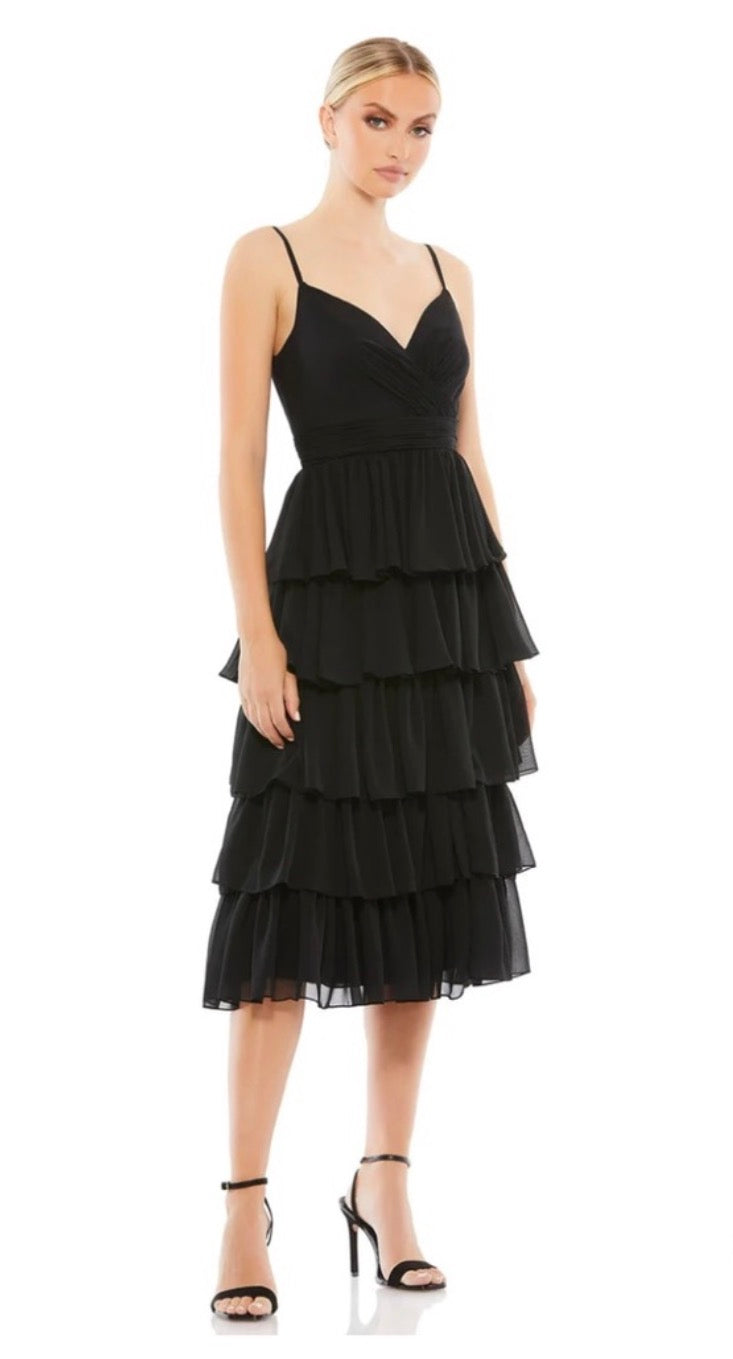MAC DUGGAL 55437 Ruffle Layered V-Neck Midi Dress in Black $258