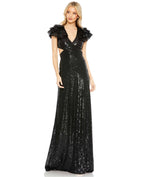 MAC DUGGAL 10829 Black Sequin Ruffled Cut Out Lace Up Gown sz 4 $598