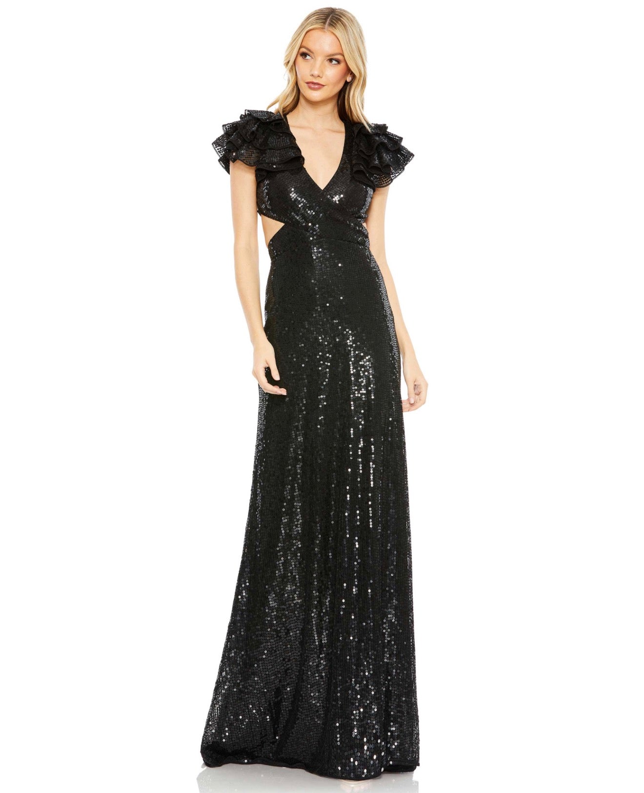 MAC DUGGAL 10829 Black Sequin Ruffled Cut Out Lace Up Gown sz 4 $598