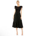 Mac Duggal 20400 Feather Shoulder Sequin Embellished Midi Dress Black Size 8