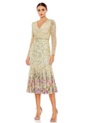 Mac Duggal Faux Wrap Long Sleeve Tea Length Sequin Dress Gold Multi Sz 6 $598 Style #A5589