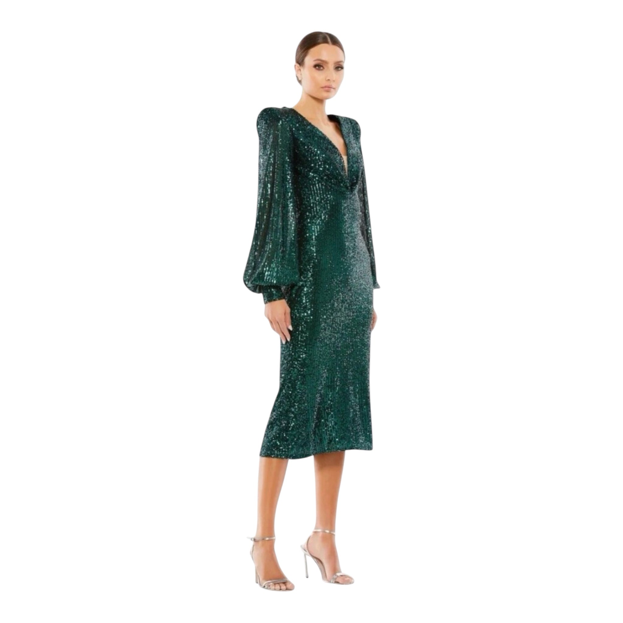 Ieena for Mac Duggal Sequin Mesh Plunge Midi Dress – Black Emerald – Size 4