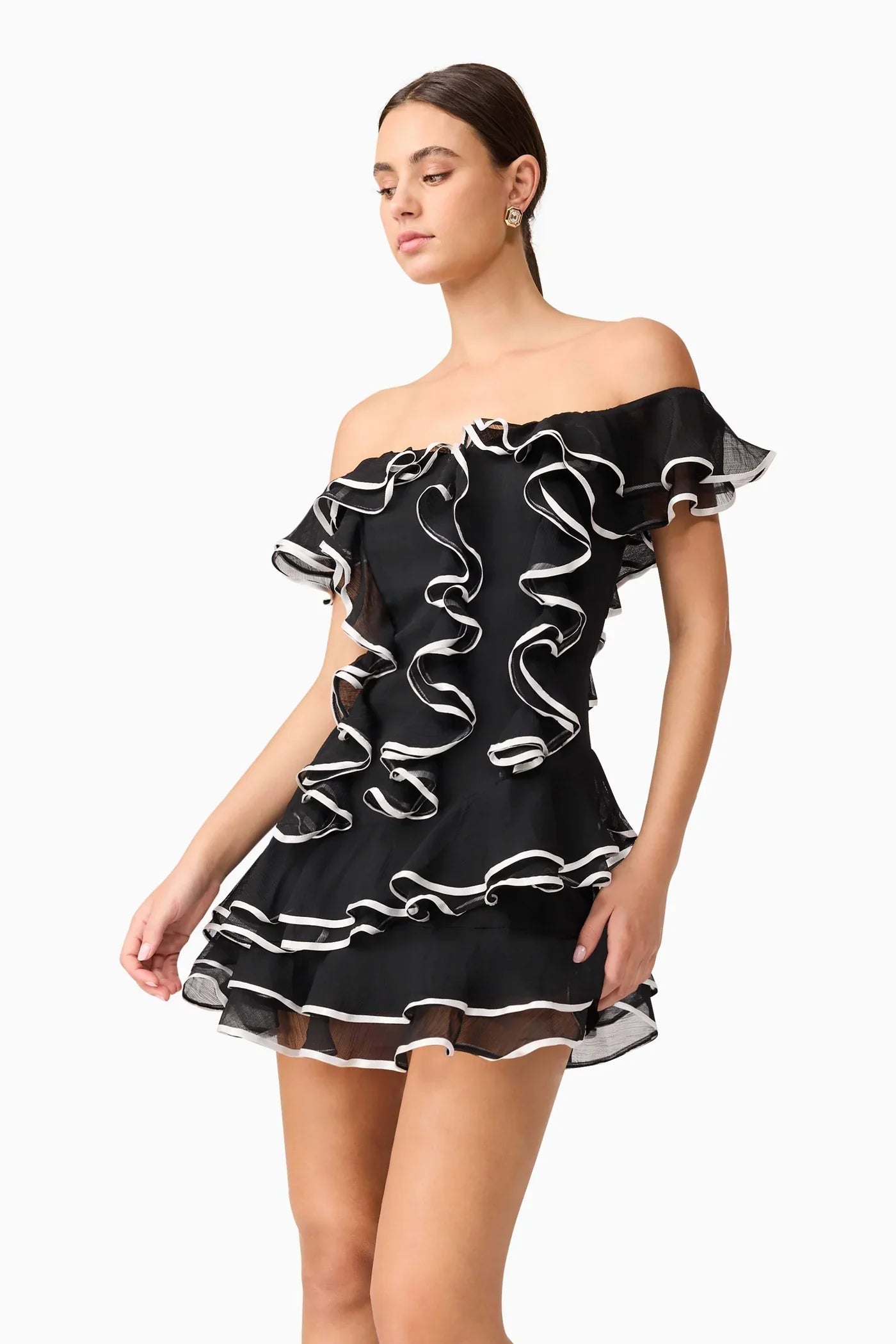 ELLIATT Melissa Tiered Mini Dress in Black Sz Small $268