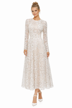 Dress the Population White Embellished Tea-Length Midi Dress • Size Small