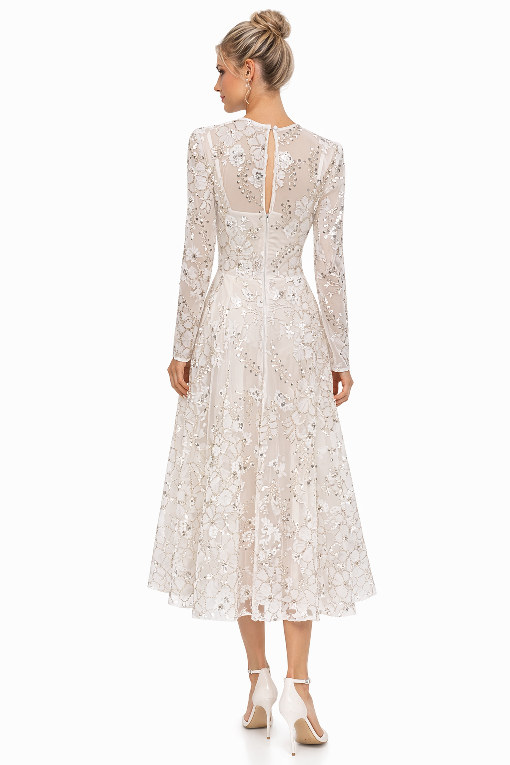 Dress the Population White Embellished Tea-Length Midi Dress • Size Small