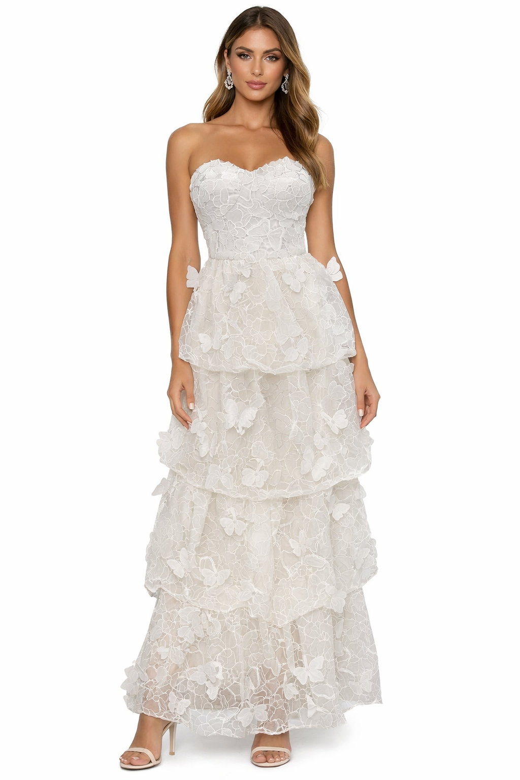 Dress the Population White 3D Butterfly Strapless Tiered Gown XS