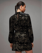 All Saints Jemima Star Dress Black Velvet Metallic Gold Printed Sz 10