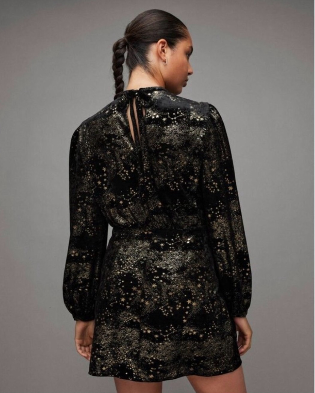 All Saints Jemima Star Dress Black Velvet Metallic Gold Printed Sz 10