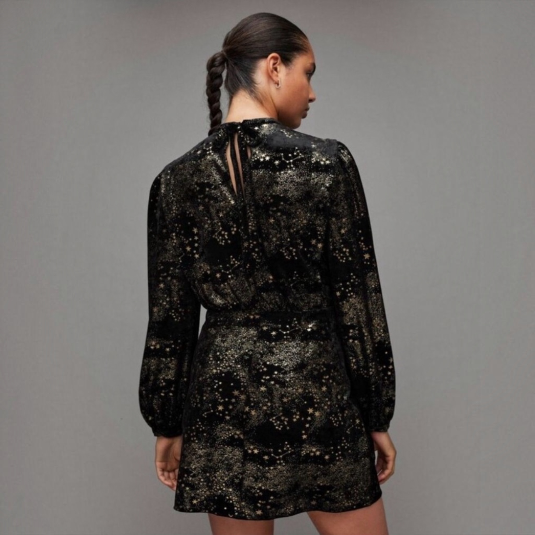 All Saints Jemima Star Dress Black Velvet Metallic Gold Printed Sz 10