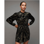 All Saints Jemima Star Dress Black Velvet Metallic Gold Printed Sz 10