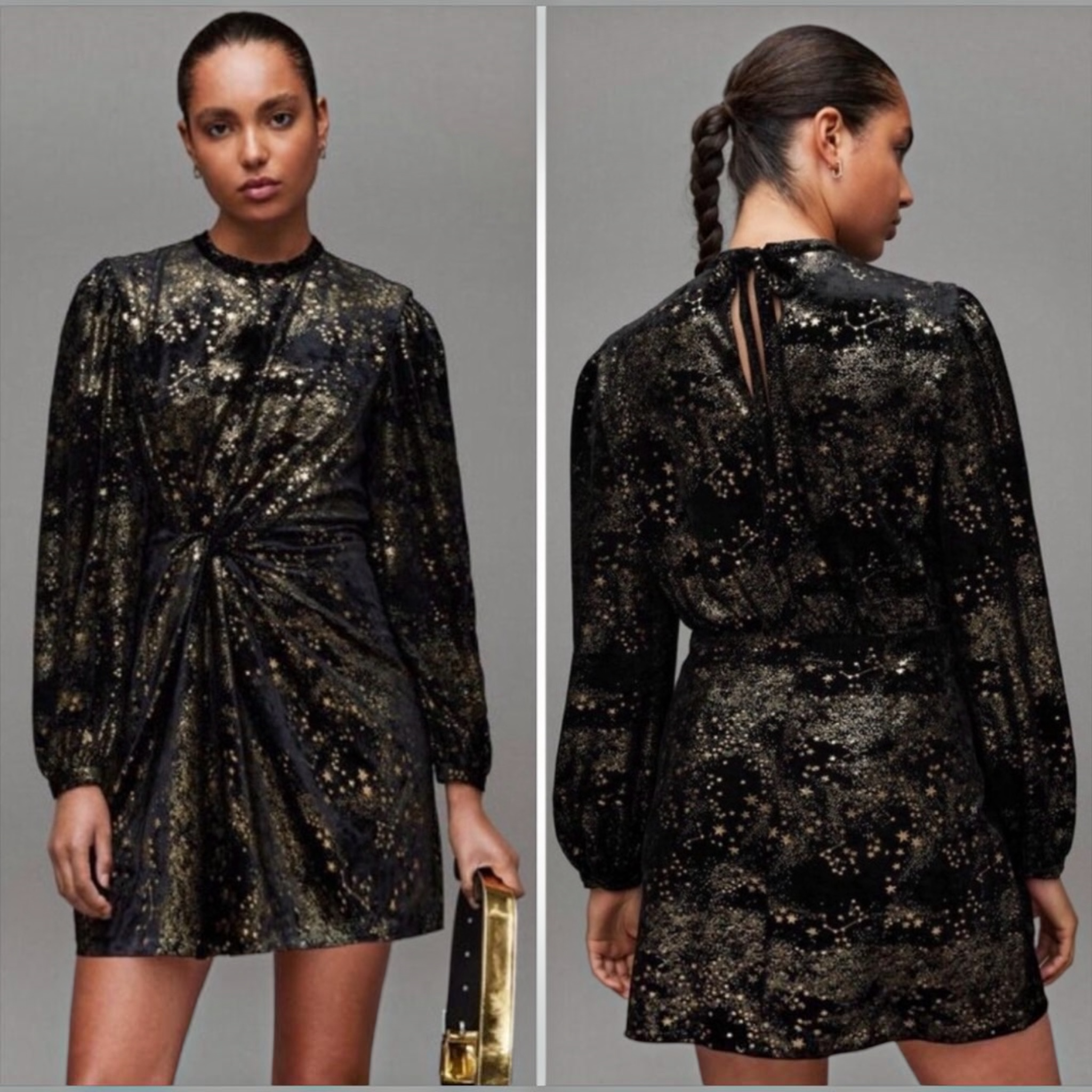 All Saints Jemima Star Dress Black Velvet Metallic Gold Printed Sz 10