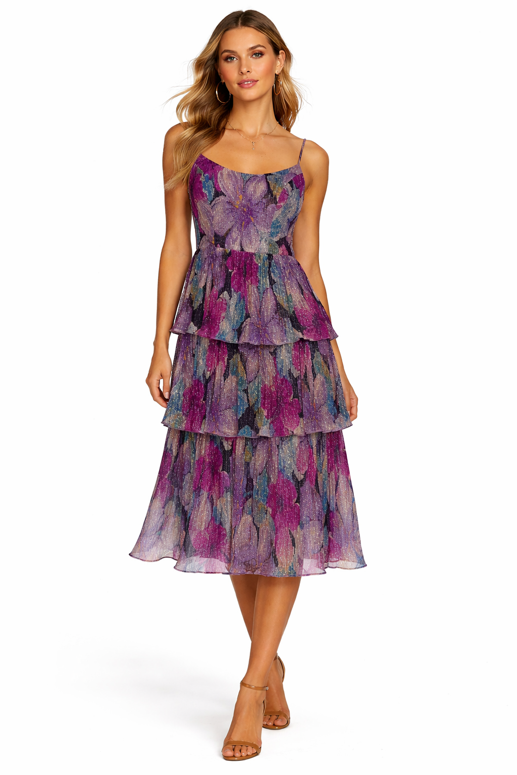 Dress the Population Floral Tiered Midi Dress Size Small Shimmer