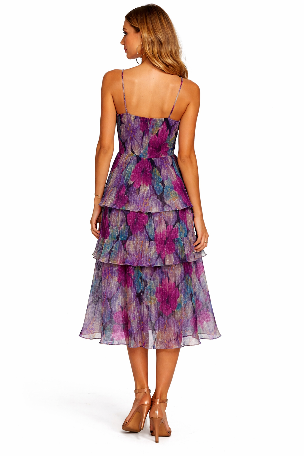 Dress the Population Floral Tiered Midi Dress Size Small Shimmer