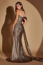 Ladivine J913 One Shoulder Metallic Fitted Dress With Sash