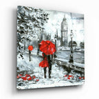Red Umbrella Couple by Clock Tower Glass Wall Art