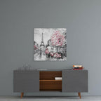 Pink Blossom Tree Paris Couple Glass Wall Art