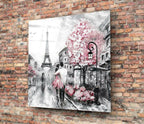 Pink Blossom Tree Paris Couple Glass Wall Art