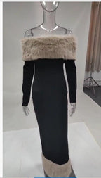 Women Clothing Autumn Winter Fur Collar off Neck Long Sleeve Slim Fit Evening Dress