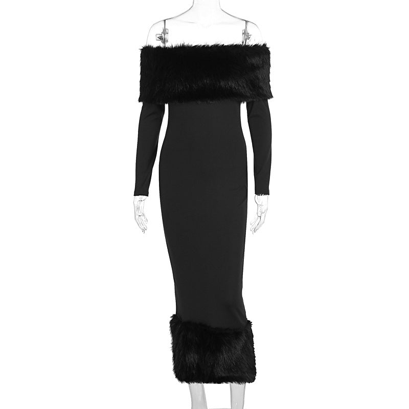 Women Clothing Autumn Winter Fur Collar off Neck Long Sleeve Slim Fit Evening Dress