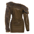 Autumn Winter Women Fur Collar Long Sleeve Solid Color Pleated Sexy off Shoulder Sexy Dress