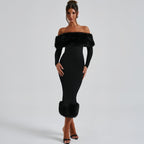 Women Clothing Autumn Winter Fur Collar off Neck Long Sleeve Slim Fit Evening Dress