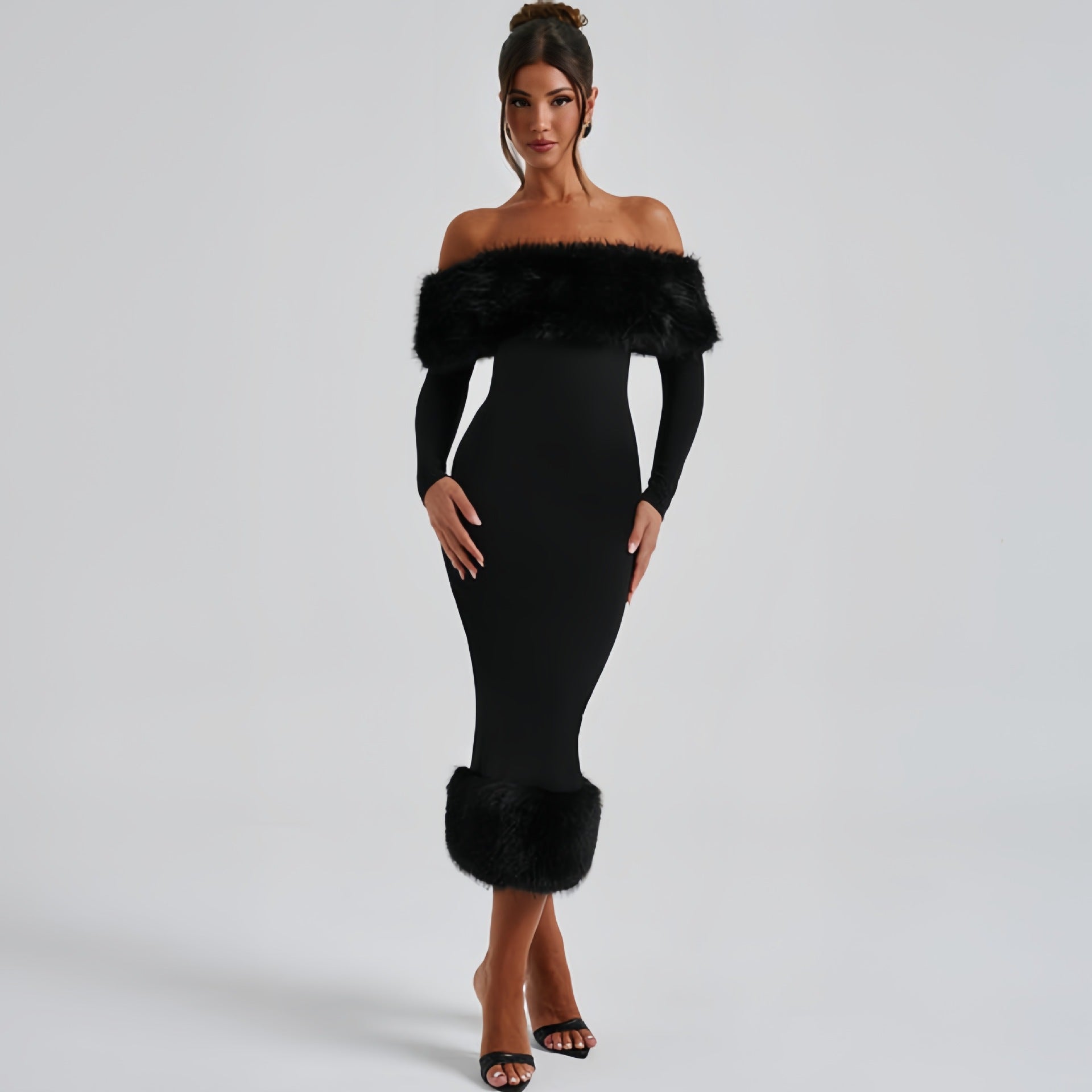 Women Clothing Autumn Winter Fur Collar off Neck Long Sleeve Slim Fit Evening Dress