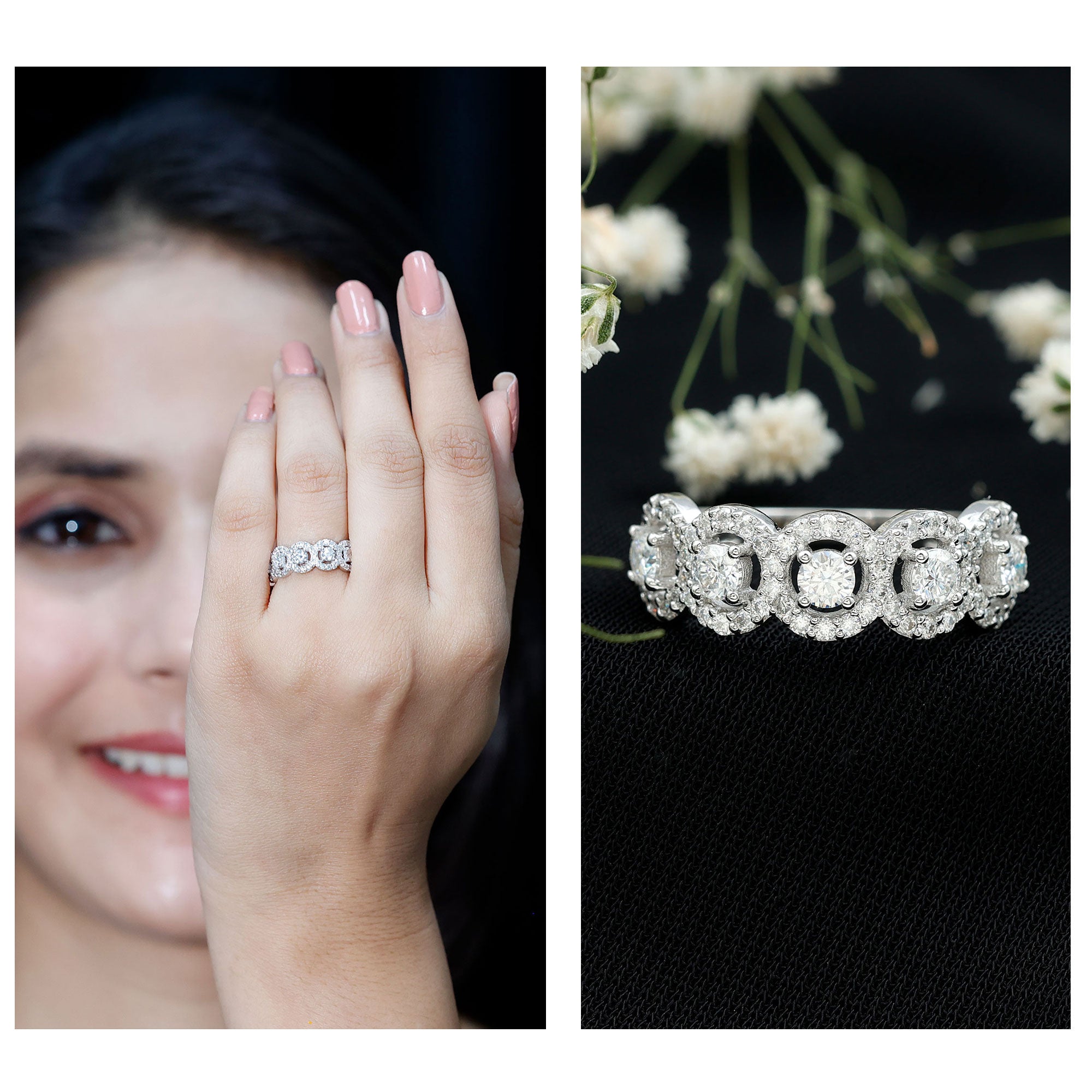 Certified Round Cut Moissanite Halo Classic Band Ring