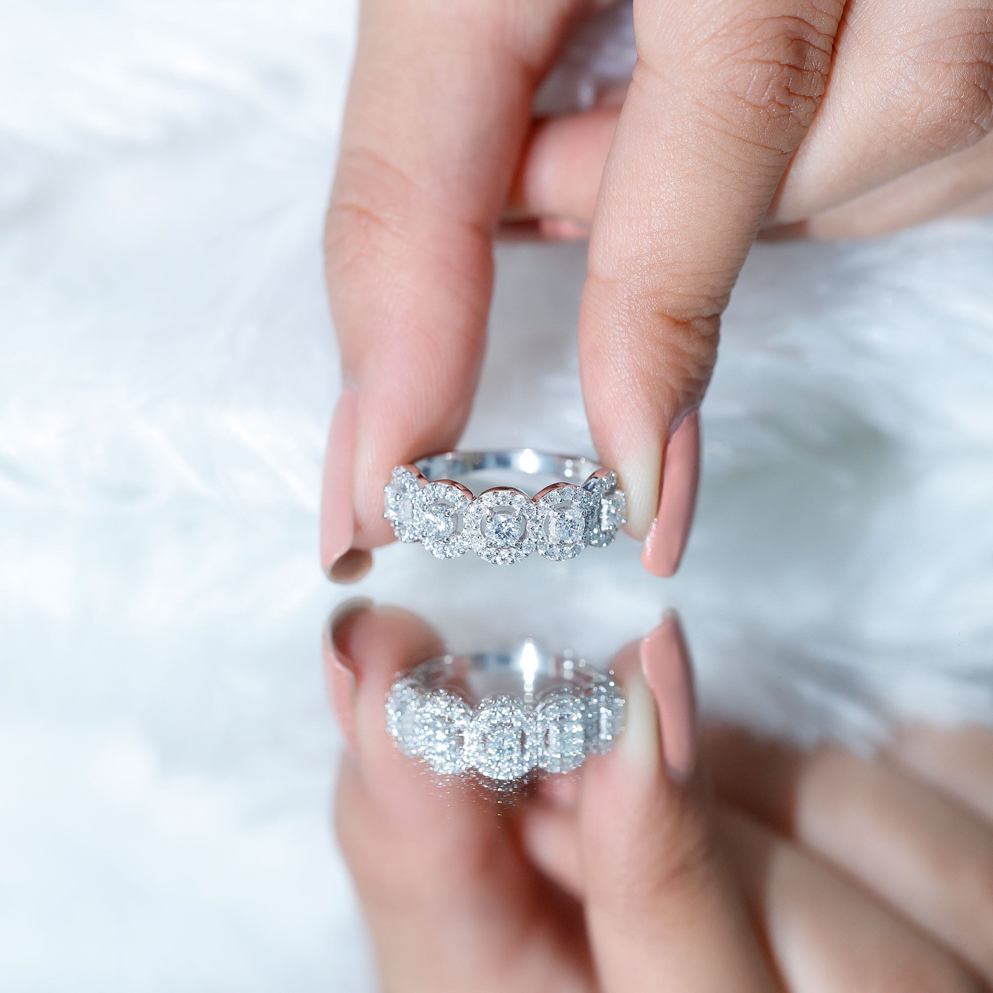 Certified Round Cut Moissanite Halo Classic Band Ring