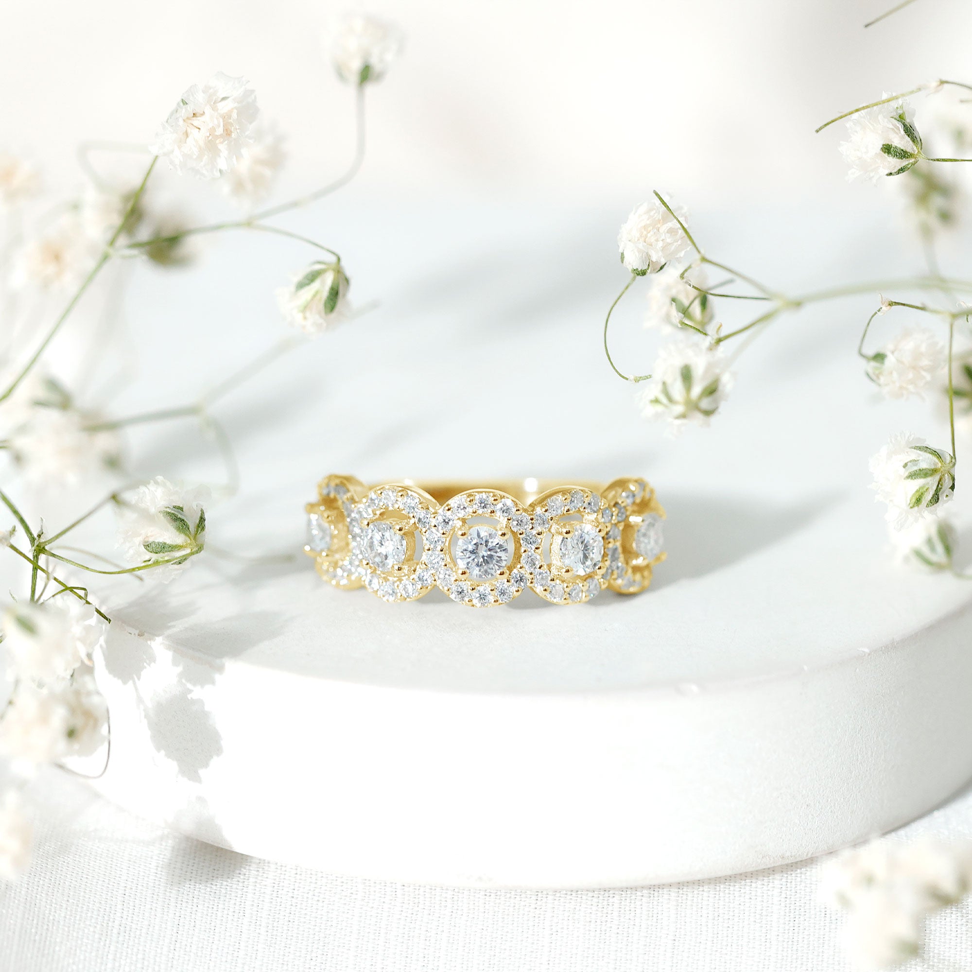 Certified Round Cut Moissanite Halo Classic Band Ring